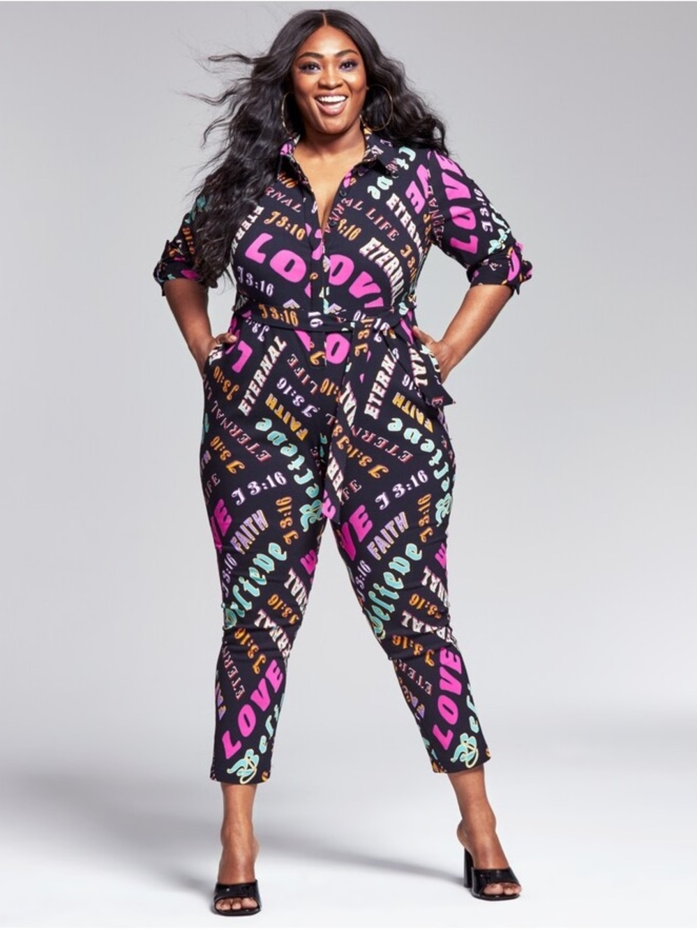 Goo goo for Bar III Black Jumpsuit with Pink, Teal & Yellow Typography